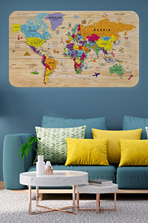 Ahşap Görünümlü Eğitici Detaylı Atlası Dekoratif Dünya Haritası Duvar Sticker 