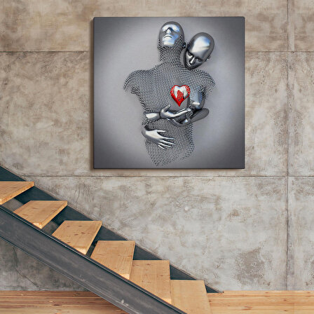 Aşk Sanatı, 3D Efekti Gümüş İnsan, Gri ve Gümüş Metalik Efektli Kanvas Tablo