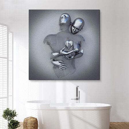 Modern Duvar Dekoru, Romantik Beden, Aşk Sanatı, 3D Efektli Gümüş Kanvas Tablo