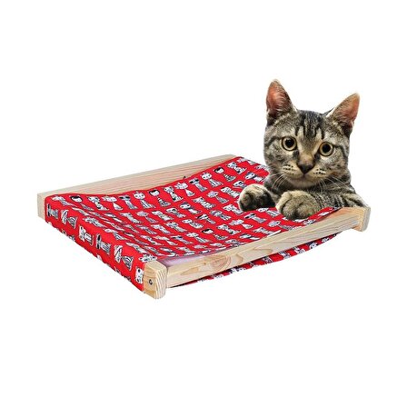 Barış Dizayn Doğal ahşap duvara monte kedi hamağı kedi yatağı kedi hamak (43cm x 36cm) Kırmızı