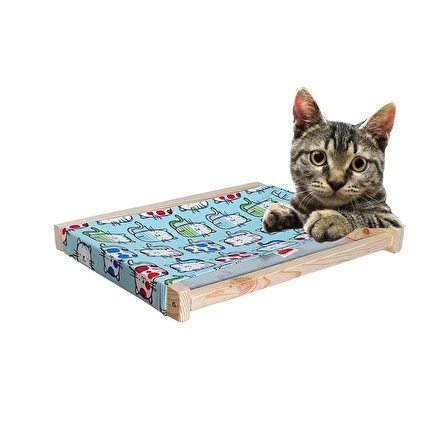 Barış Dizayn Doğal ahşap duvara monte kedi hamağı kedi yatağı kedi hamak (43cm x 36cm) Mavi