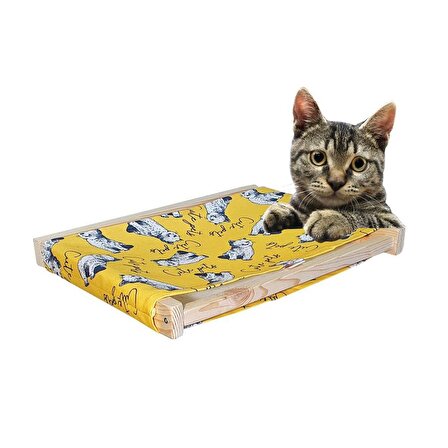 Barış Dizayn Doğal ahşap duvara monte kedi hamağı kedi yatağı kedi hamak (43cm x 36cm) Sarı