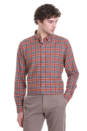 Kiremit Comfort Fit Kareli Düğmeli Yaka Uzun Kollu Casual Gömlek | M