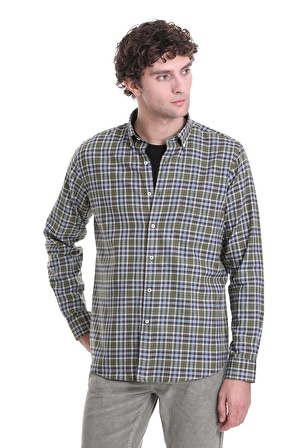 Haki Comfort Fit Kareli Düğmeli Yaka Uzun Kollu Casual Gömlek | S