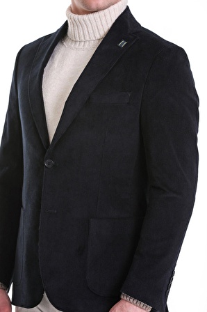 Lacivert Slim Fit Düz Mono Yaka Pamuklu Kadife Ceket | 46