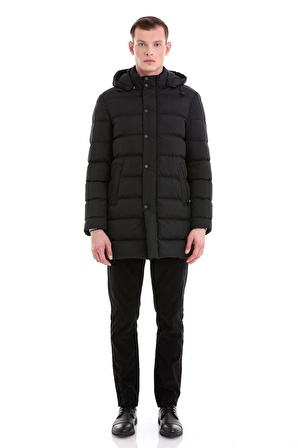Siyah Slim Fit Hakim Yaka Kapüşonlu Basic Kaban | XL