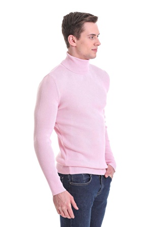 Pembe Slim Fit Fitilli Balıkçı Yaka Yünlü Triko Kazak | XXL