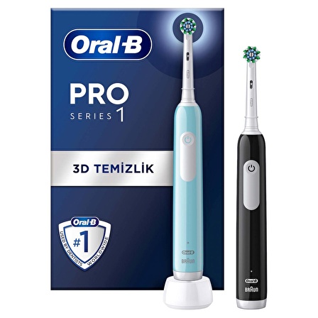 Oral-B Pro Series 1 İkili Paket, Siyah ve Mavi Elektrikli Diş Fırçaları, 2 Diş Fırçası Başlığı, Braun Tasarımı