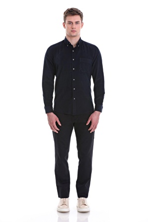Lacivert Slim Fit Düz 100% Pamuklu Düğmeli Yaka Uzun Kollu Klasik Gömlek | M