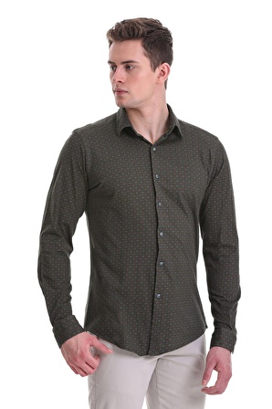 Yeşil Slim Fit Baskılı 100% Pamuklu Slim Yaka Uzun Kollu Baskılı Casual Gömlek | S