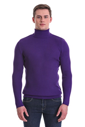 Mor Slim Fit Fitilli Balıkçı Yaka Yünlü Triko Kazak | XXL