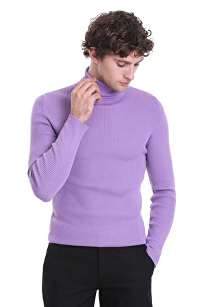 Lila Slim Fit Fitilli Balıkçı Yaka Yünlü Triko Kazak | L