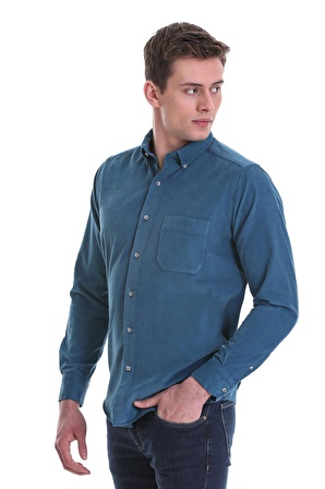 Mavi Slim Fit Düz 100% Pamuklu Düğmeli Yaka Uzun Kollu Klasik Gömlek | XS