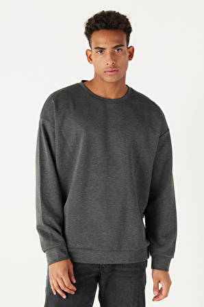 Erkek Antrasit-melanj Oversize Bol Kesim Bisiklet Yaka Düz Sweatshirt