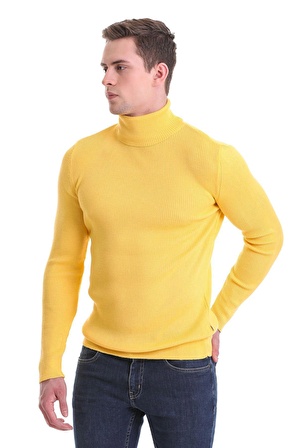 Sarı Slim Fit Fitilli Balıkçı Yaka Yünlü Triko Kazak | L