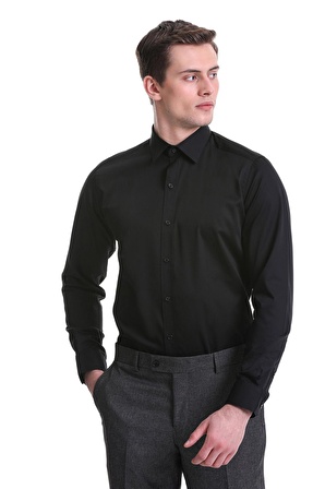 Siyah Slim Fit Düz 100% Pamuklu Slim Yaka Uzun Kollu Casual Saten Gömlek | S