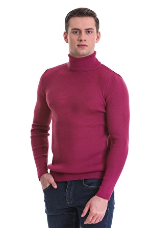Fuşya Slim Fit Fitilli Balıkçı Yaka Yünlü Triko Kazak | M