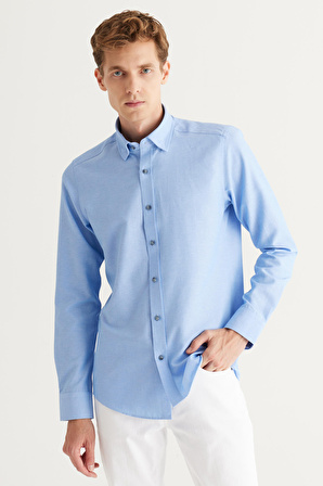 Erkek Mavi Slim Fit Dar Kesim Pamuklu Gizli Düğmeli Yaka Uzun Kollu Oxford Gömlek