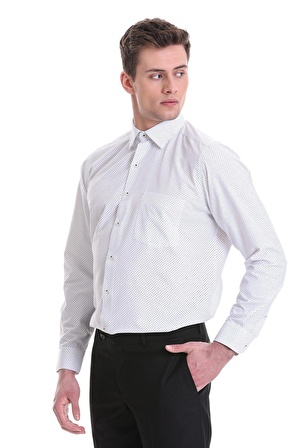 Beyaz Klasik Fit Baskılı Pamuklu Slim Yaka Uzun Kollu Klasik Gömlek | XL