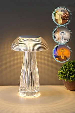Dekoratif Şarjlı Mantar Görünümlü Masa Lambası 3 Farklı Işık Dekor Kristal Mantar Gece Lambası Şefaf