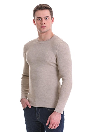 Bej Slim Fit Fitilli Bisiklet Yaka Yünlü Triko Kazak | L