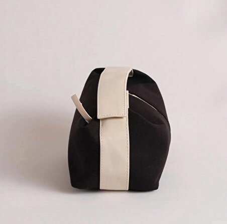 siyah beyaz çizgili elde tutmalı mini kanvas çanta