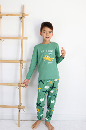 Erkek Çocuk Baskılı interlok Kumaş Uzun Kollu Pijama Takımı