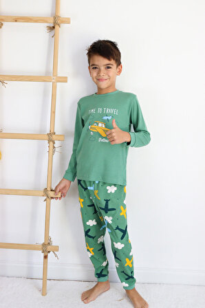 Erkek Çocuk Baskılı interlok Kumaş Uzun Kollu Pijama Takımı