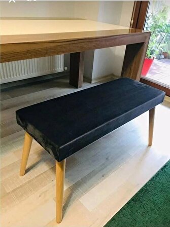 Gürgen Retro Ahşap Ayaklı Handmade Siyah Pofidik Puf Bench Koltuk Sandalye