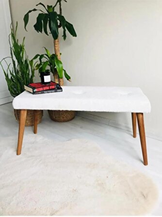 Ahşap Ayaklı Handmade Geniş Oturum Alanlı beyaz welsoft Kumaş Pofidik Puf bench ,ayak ucu uzatmalık