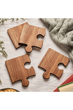 Ahşap Desenli Puzzle Mdf Bardak Altlığı 4'lü Set 10x10 Cm