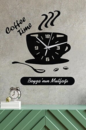 Kişiye Özel Coffee Time Yazı Dekorlu Ahşap Duvar Saati - Mutfak Saati 50cm