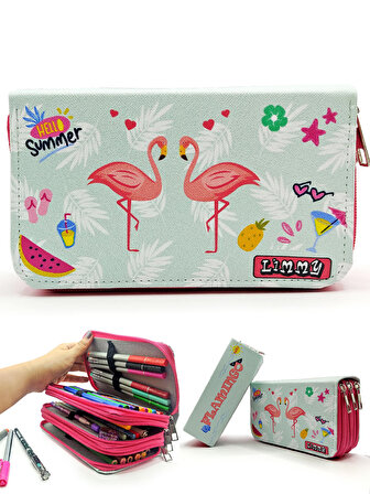 İkili Flamingo Desenli Modelist Kalem Kutusu Kalemkutu Vegan Deri Üç Bölmeli Kalemlik