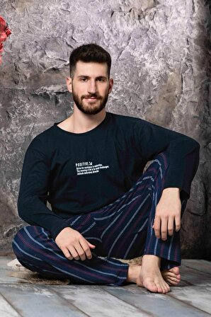 Uzun Kollu Sıfır Yaka Baskılı Erkek Pijama Takımı