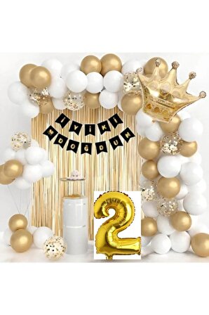 Kral Taçlı 2 Yaş Doğum Günü Gold Beyaz Balon Seti