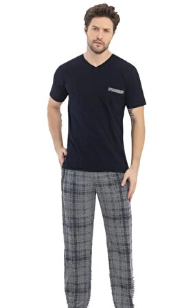 Erkek Yaka Detay  %100 Pamuk Süprem Kısa Kol Göğüs Cepli Pijama Takımı