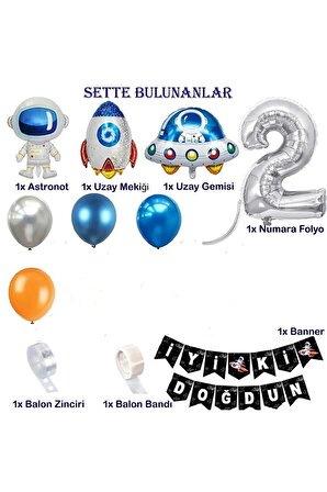 Uzay Temalı Doğum Günü Seti 2 Yaş; 4 Adet Folyo, 50 Lateks Balon, Banner, Balon Zinciri, Balon Bandı