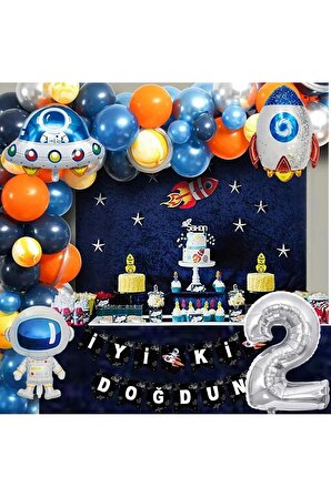 Uzay Temalı Doğum Günü Seti 2 Yaş; 4 Adet Folyo, 50 Lateks Balon, Banner, Balon Zinciri, Balon Bandı