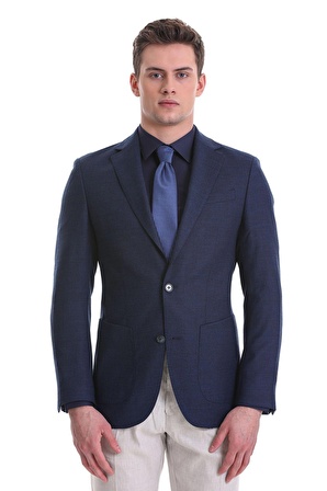 Lacivert Slim Fit Desenli Mono Yaka Klasik Ceket | 48