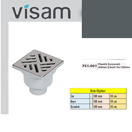 Visam Plastik Çerçeveli Yer Sifonu (10x10 Alttan Çıkışlı Ø50 751.001 