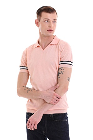 Pembe Slim Fit Çizgili Polo Yaka Triko Tişört | L
