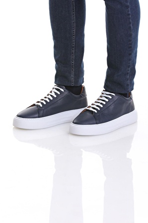 Lacivert Casual Bağcıklı Deri Sneakers | 42