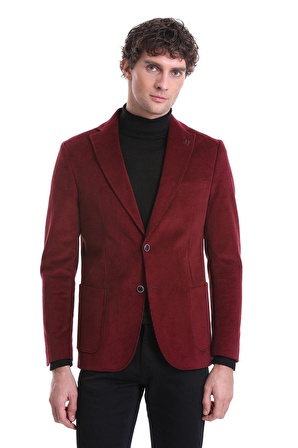 Bordo Slim Fit Düz Mono Yaka Pamuklu Kadife Ceket | 56