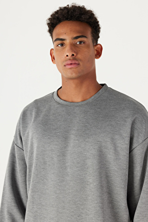 Erkek Gri Melanj Oversize Bol Kesim Bisiklet Yaka Düz Sweatshirt