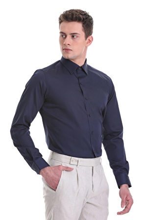 Lacivert Slim Fit Düz 100% Pamuklu Slim Yaka Uzun Kollu Casual Saten Gömlek | XXL