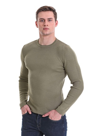 Yeşil Slim Fit Fitilli Bisiklet Yaka Yünlü Triko Kazak | L