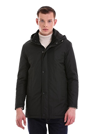 Siyah Slim Fit Desenli Hakim Yaka Kapüşonlu Kaban | S