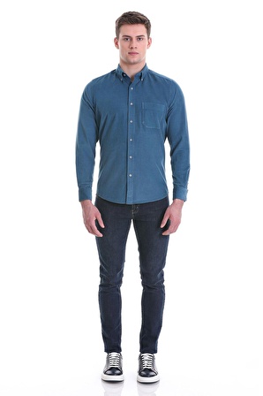 Mavi Slim Fit Düz 100% Pamuklu Düğmeli Yaka Uzun Kollu Klasik Gömlek | S