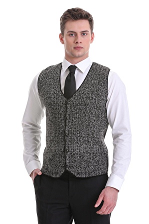 Siyah Regular Fit Desenli Yünlü Triko Yelek | 3XL