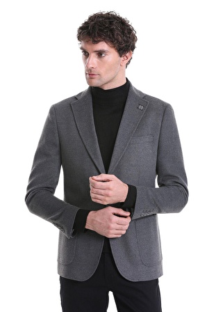 Gri Slim Fit Düz Mono Yaka Casual Ceket | 48